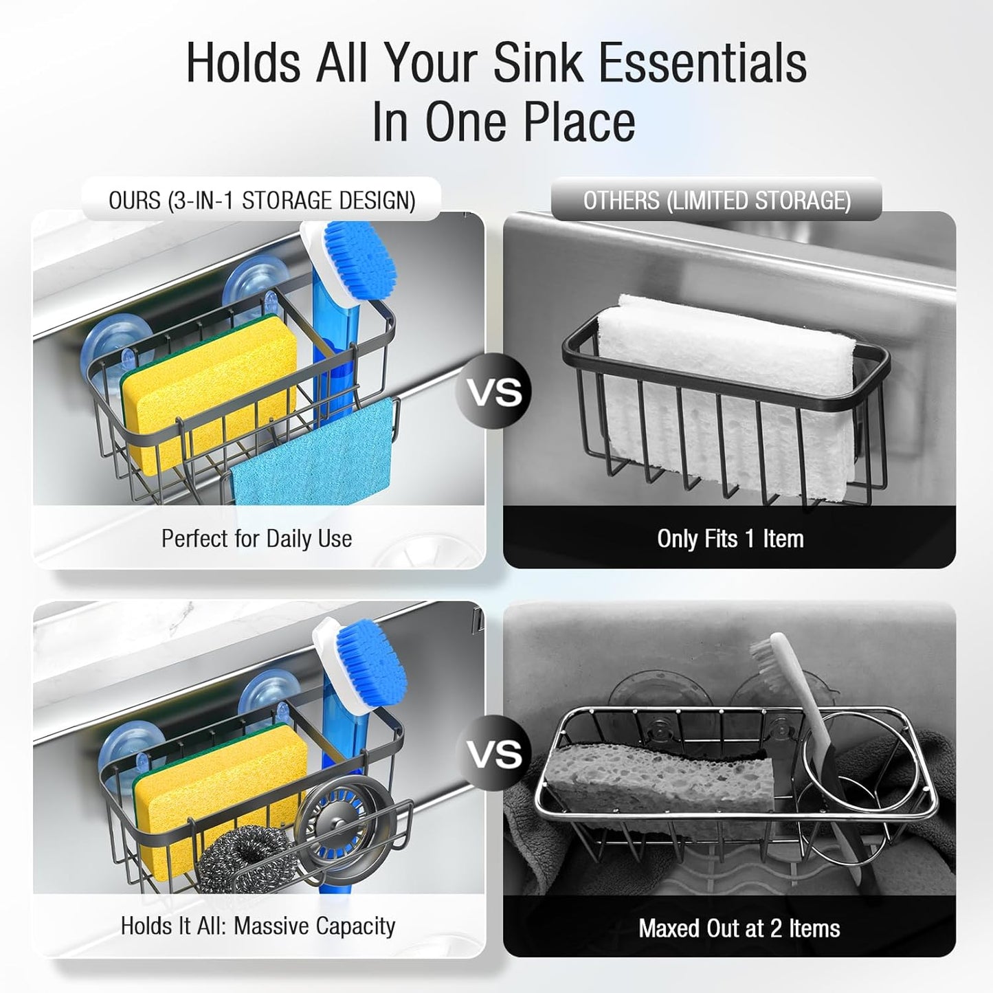 3-in-1 Kitchen Sink Caddy Organizer with Sponge Holder, Brush Holder, Extra Rack for Scrubber, Sink Stopper, Dish Cloth Hanger - Strong Dual Suction Cup, 2.0mm SUS304 Stainless Steel - Grey