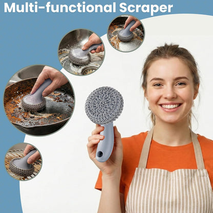 Cast Iron Scrubber with Long Handle | 316 Cast Iron Cleaner Chainmail Scrubber for Pan Skillet Cleaner - Dish Scouring Pad Dishwasher Safe Cleaning Kit (Blue, 1 Scrubber + 1 Scraper)