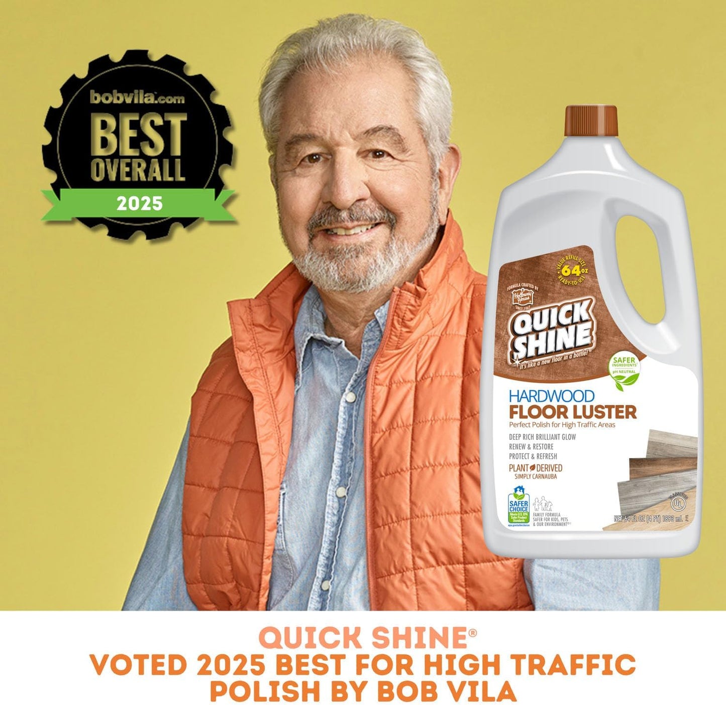 Quick Shine Hardwood Floor Luster-Polish 64oz | Plant-Derived w/Carnauba | Safer Choice, No PFAS, pH Neutral | Ready to Use Formula w/Anti-Slip Technology | Simply Squirt & Spread | Made in USA