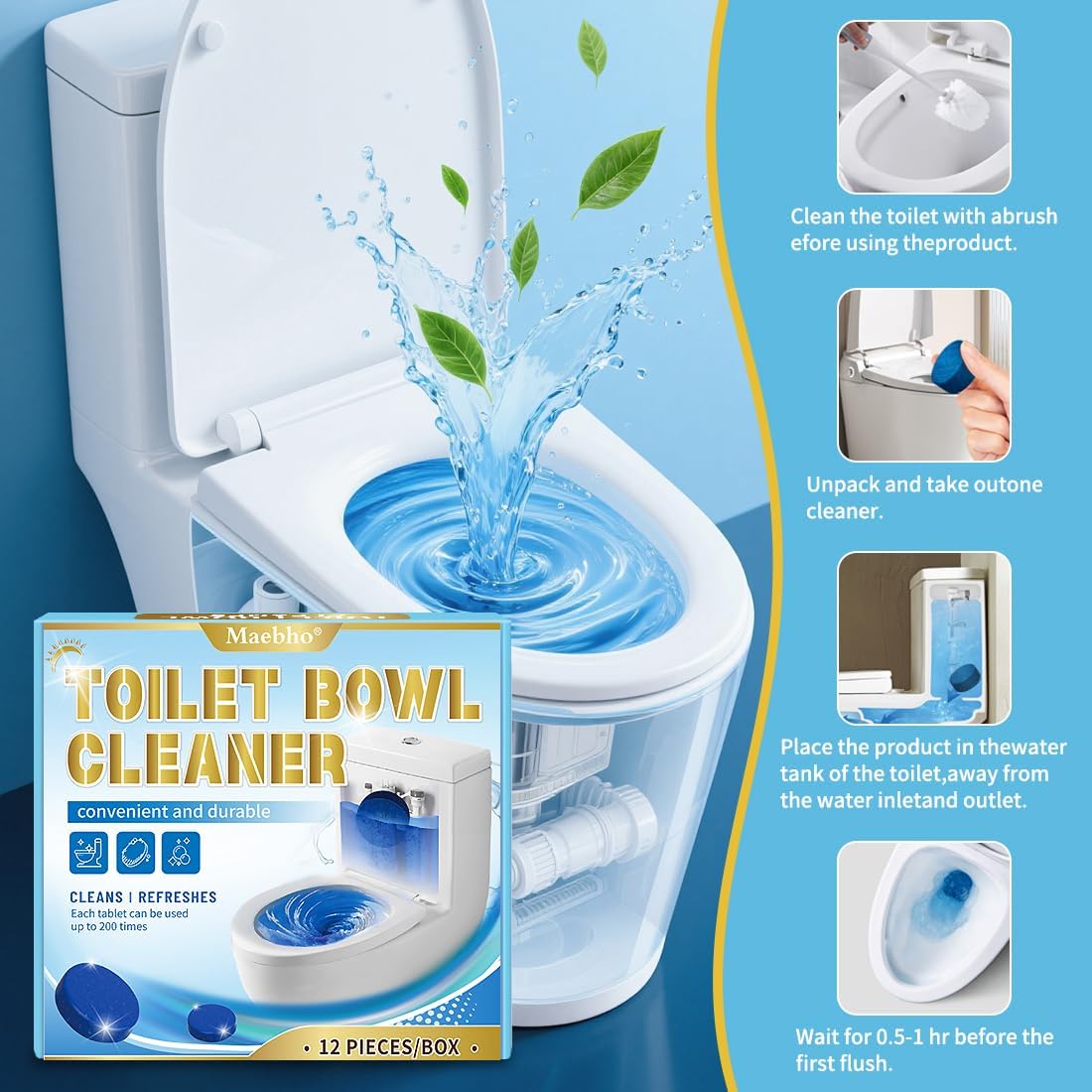 Automatic Toilet Bowl Cleaner Tablets,12- Pack Blue Gel In-Tank Cleaner, Removes Hard Water Rings & Stains, Septic Safe, Cleaning & Deodorize, Fresh Scent,50g Each