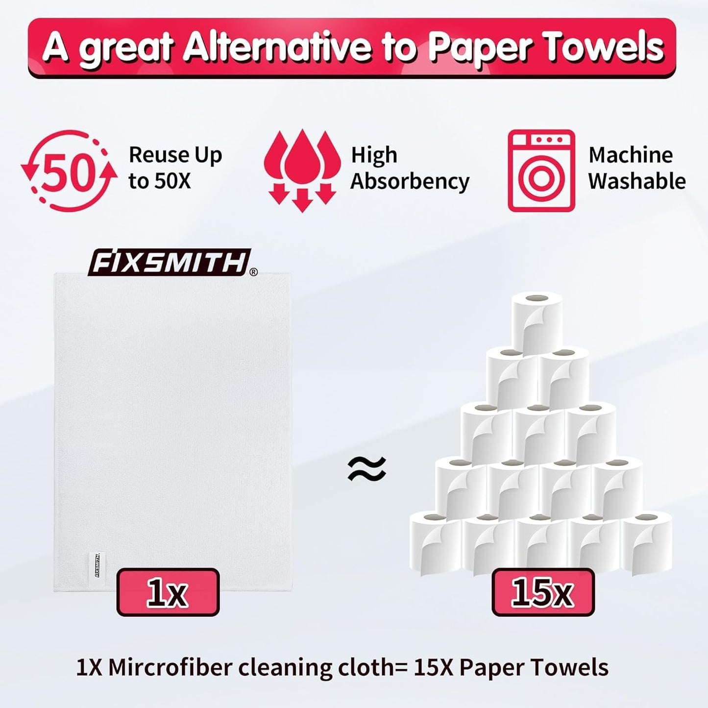 FIXSMITH Microfiber Cleaning Cloth - Pack of 8, Size: 12 x 16 in, Multi-Functional Cleaning Towels, Highly Absorbent Cleaning Rags, Lint-Free, Streak-Free Cleaning Cloths for Car Kitchen Home