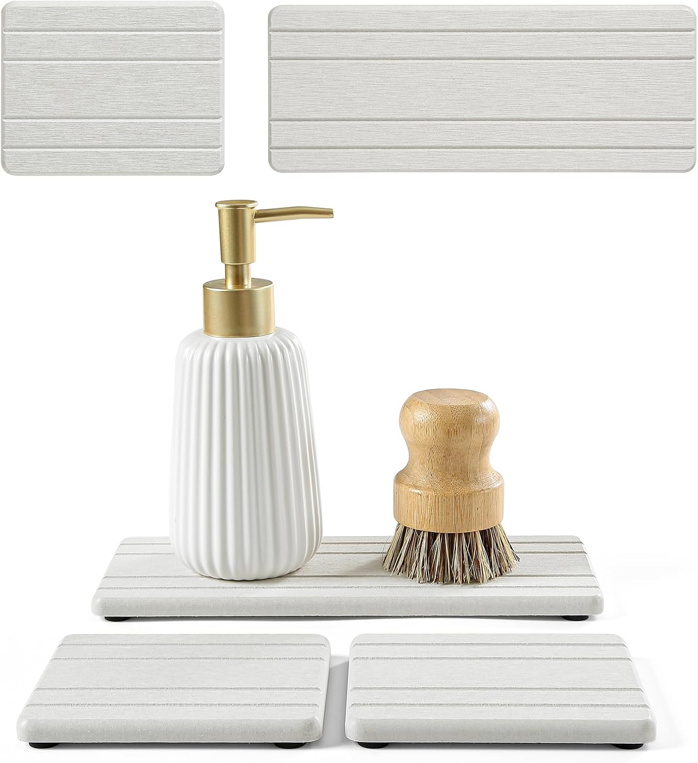 Fast Water Absorption Sink Organizer Tray Set, 3-Pack Compact and Space-Saving Stone Soap Holder Caddy for Kitchen & Bathroom Counter, Faucet Splash Guard, White (1pc of 8"x3.8" + 2pcs of 3.8"x3.8")
