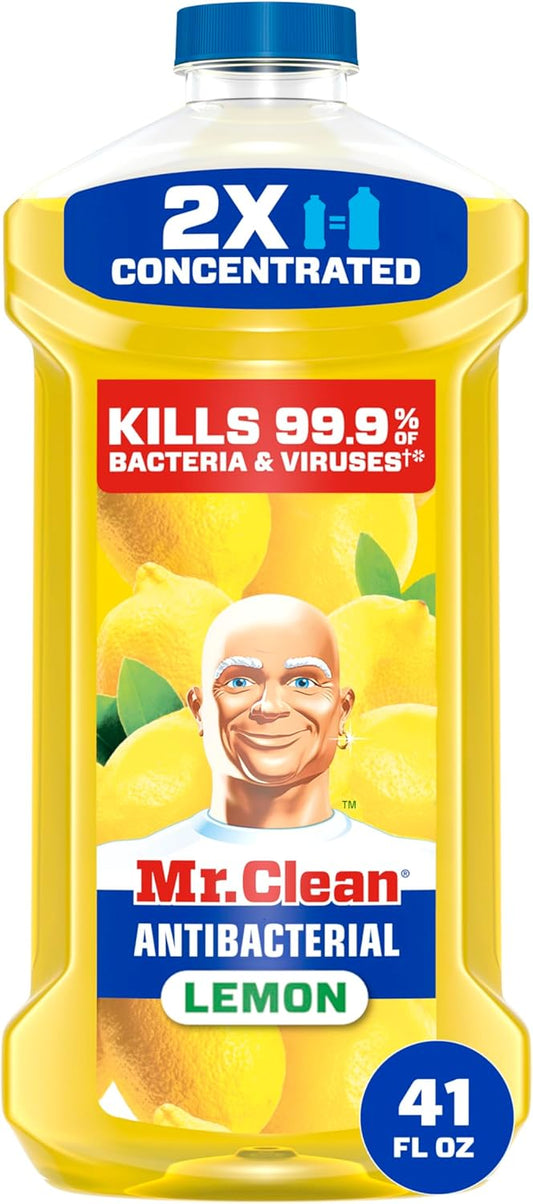 Mr. Clean Antibacterial All Purpose Cleaner, Floor Cleaner for Mopping Home, Bathroom, & Kitchen, Cleaning Liquid for Mop & Bucket, Cleaning Supplies, Multi-Surface Dilutable, Lemon, 99oz