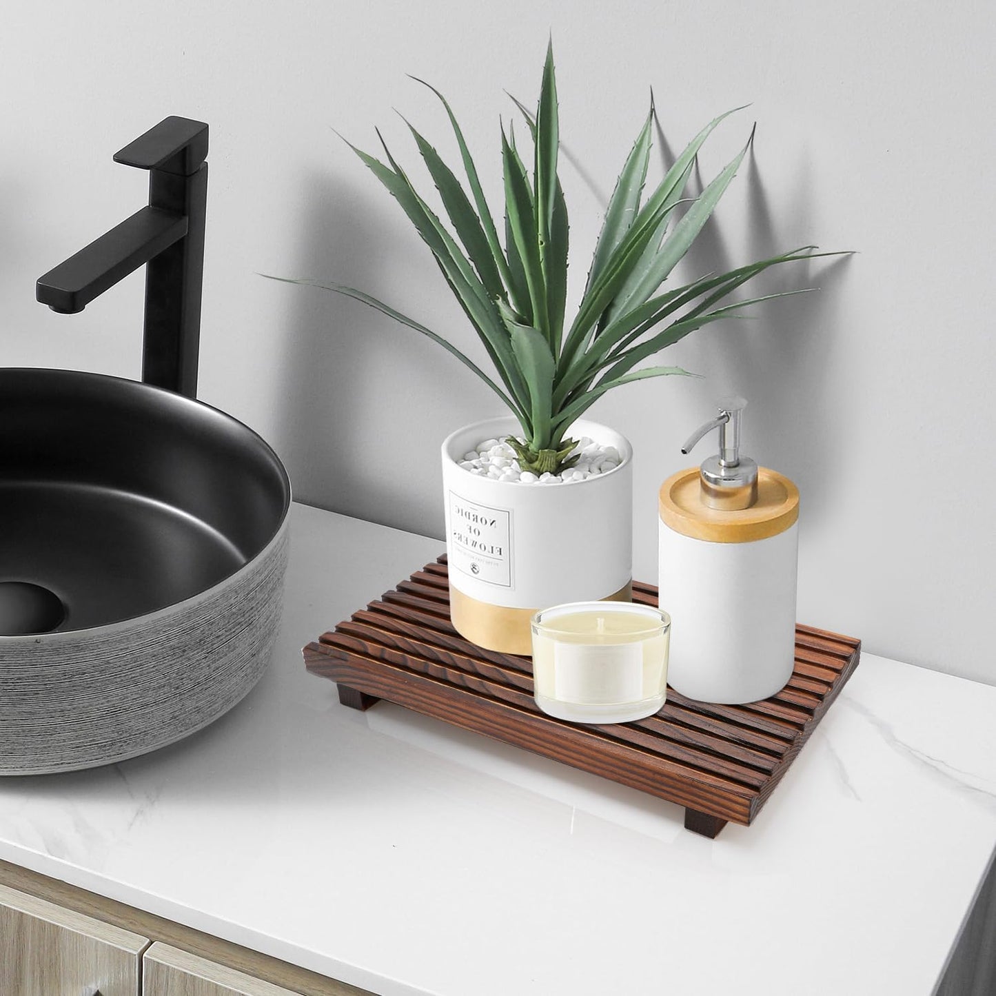 Renawe Small Kitchen Sink Soap Tray for Counter Soap Dish Dispenser Holder Wooden Risers Stand for Bathroom Decor Farmhouse Wood Pedestal Kitchen Accessories Countertop Vanity Counter Decorative Tray