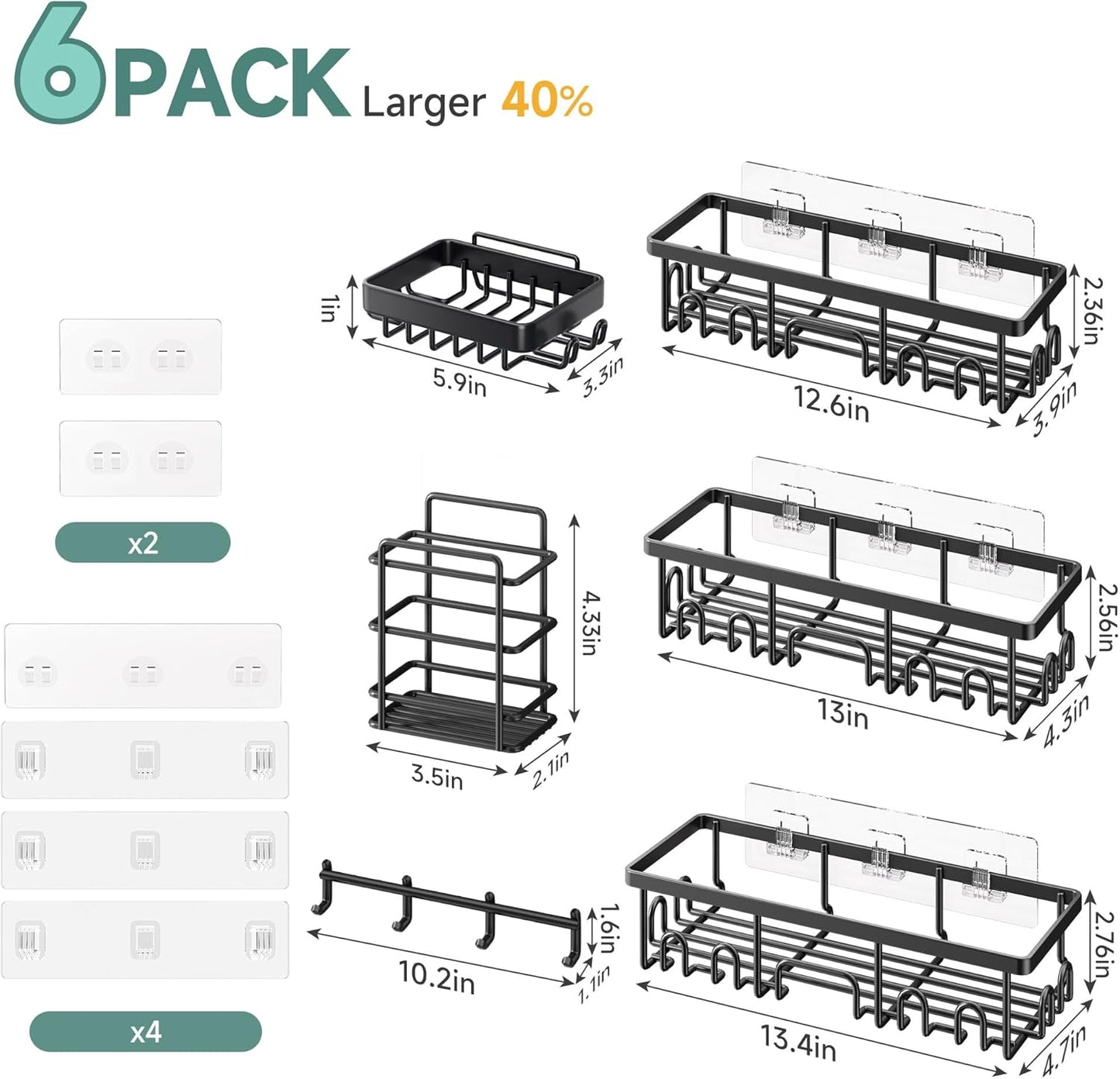 Veken Shower Caddy 6-Pack, Advanced Rustproof Design, No Drilling Adhesive Shelves, Rack with Soap Holder, Large Capacity Bathroom Organizers and Storage, Wall-Mounted, Gifts for Women Mom