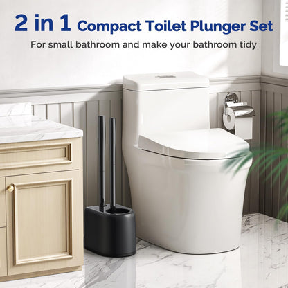 HAMITOR Toilet Plunger Bowl Brush Combo：Heavy Duty Rubber for Drain Clog Remover - Curved Design Bristles for Deep Cleaning Under Rim - Compact Bathroom Cleaning Tools for New Homet Essentials - White