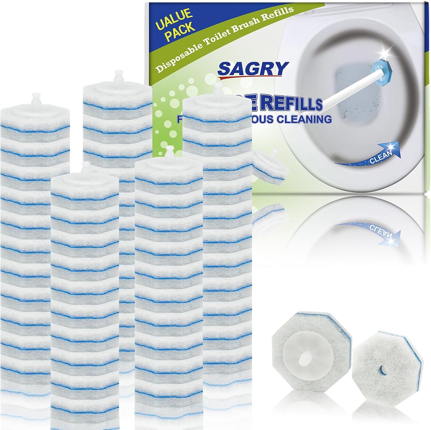 Sagry 50 Counts Disposable Toilet Bowl Wand Refills, 5X Cleaning Power Toilet Cleaner Refill Pads, Deep Cleaning, No Falling Apart, Fresh Fragrance, Compatible with Most Toilet Brushes