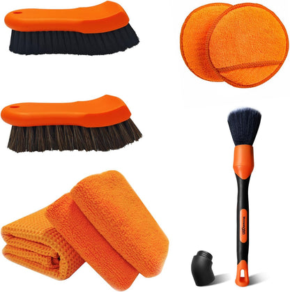 YeewayVeh 3pcs Car Detailing Brush Set, Boars Hair Detailing Brushes, Ultra Soft Detail Brush for Air Vent Leather Seat, Scratch Free Car Detailing Brushes for Interior Exterior, Orange