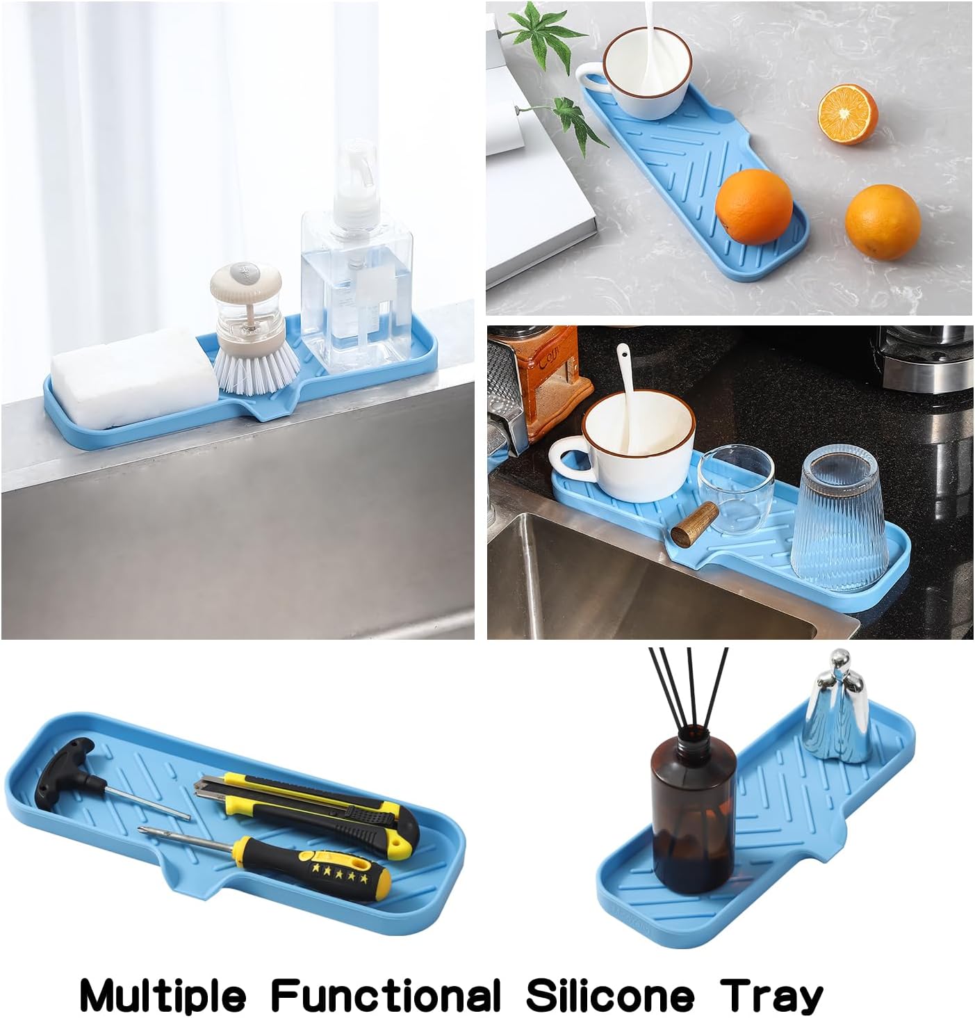 MicoYang Silicone Bathroom Soap Dishes with Drain Spout-Bathroom and Kitchen Sink Organizer,Sponge Holder,Dish Soap Tray,Perfect for Dispenser,Scrubber,Bottle,Cup on Sink or Counter-Black 4.9"×3.2"