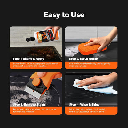 3-in-1 Cooktop Cleaner Kit (8.8 Oz Cooktop Cleaner + Scrubbing Pad + Scraper), Stovetop Cleaner for Electric Top Stoves, Ceramic Cooktops & Fireplace Glass, Remove Burned on Food, Grease