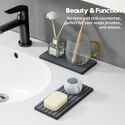 2PCS Water Absorbing Stone Drying Tray Mat for Bathroom Sink & Kitchen Counter Faucet Organizer, Quick Dry Dish Rack Soap Dispenser Sponge Holder, Vanity Sink Caddy Bar Coaster, Ivory White 8“x 4”