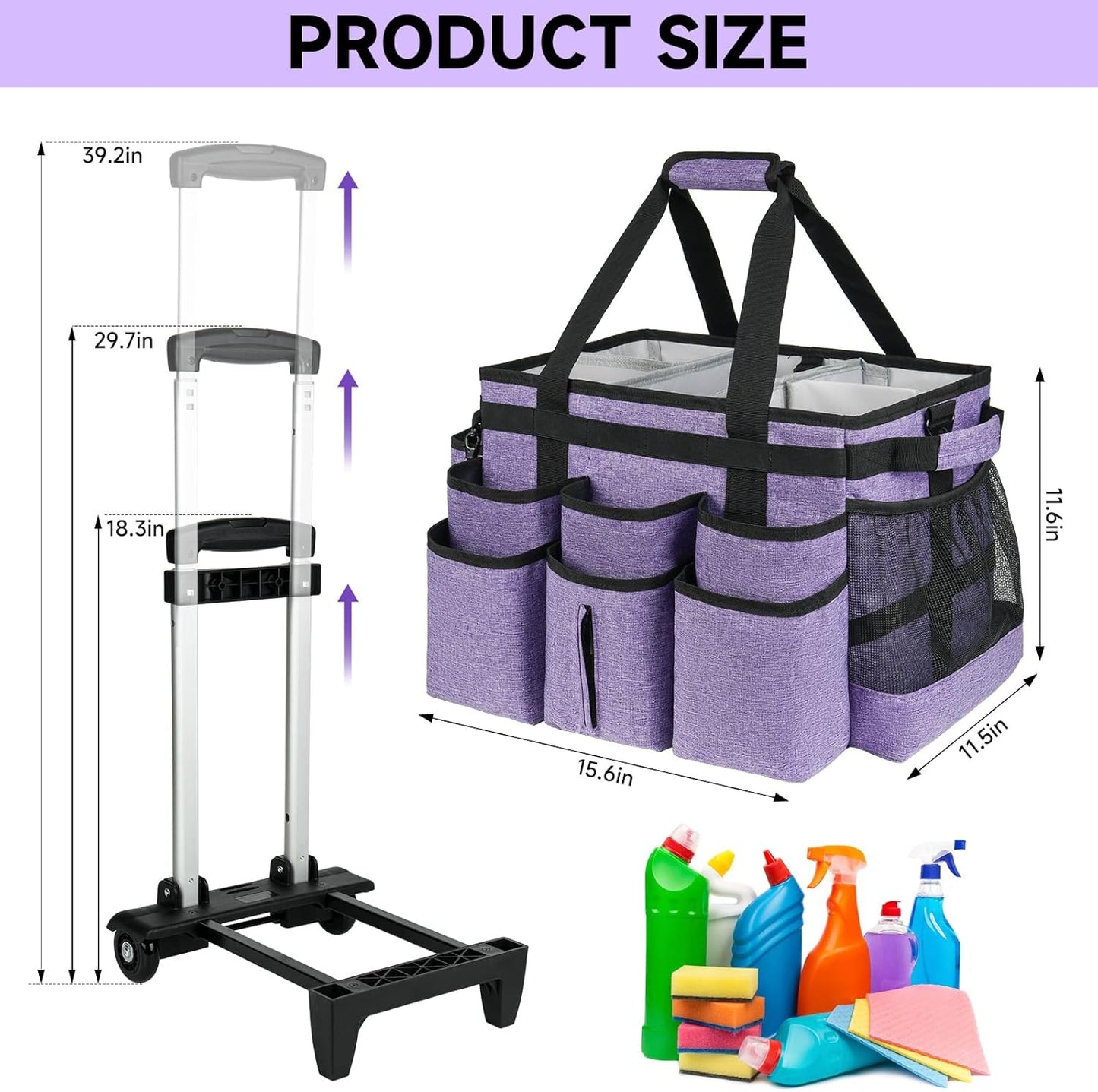 Large Rolling Cleaning Caddy Bag with Detachable Trolley,Cleaning Cart on Wheels with Shoulder Strap,Cleaning Supplies Organizer for Housekeepers,Black