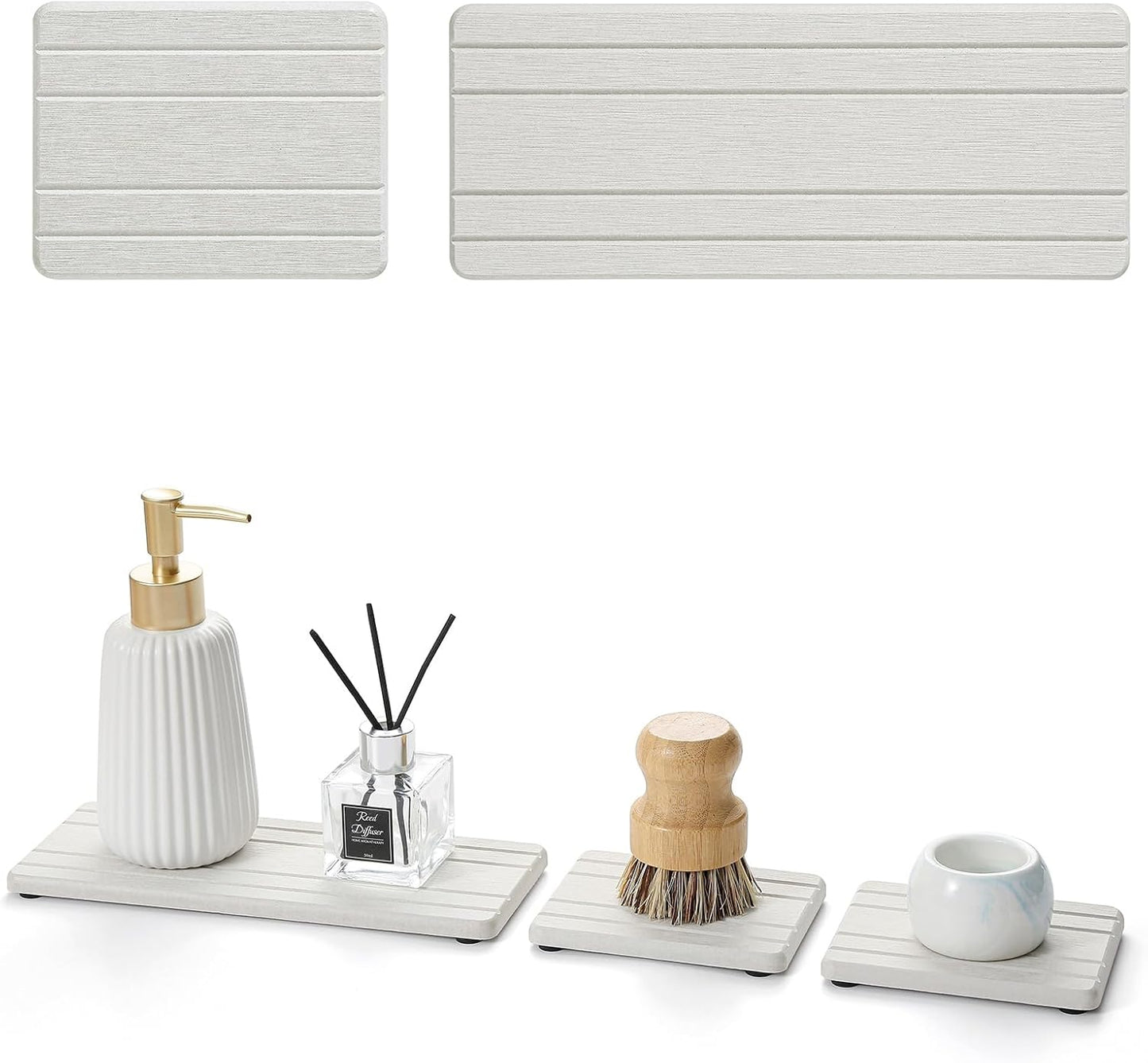 Fast Water Absorption Sink Organizer Tray Set, 3-Pack Compact and Space-Saving Stone Soap Holder Caddy for Kitchen & Bathroom Counter, Faucet Splash Guard, White (1pc of 8"x3.8" + 2pcs of 3.8"x3.8")