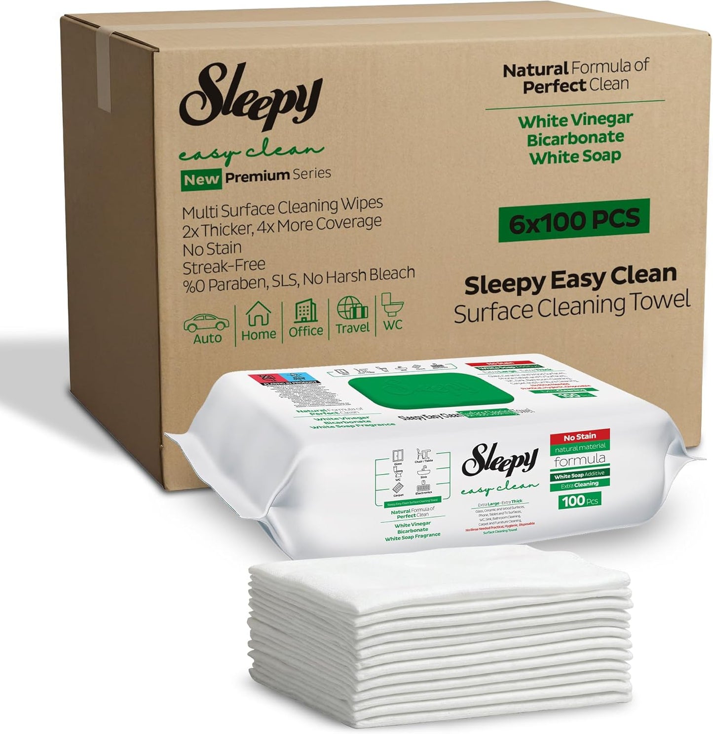 Sleepy Easy Clean XL Multi Surface Cleaning Wipes (100 Count) – Natural Vinegar & Baking Soda Formula – Jumbo 8"x8" All Purpose Wet Wipes for Kitchen, Bathroom, Glass & Electronics – No Streak