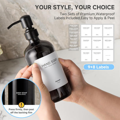 2 Pack Kitchen Soap Dispenser Set - 16oz Amber Glass Dish and Hand Soap Dispenser with Stainless Steel Pump, Instant Dry Tray, Dish Brush & Holder, Refillable Countertop Sink Decor for Kitchen & Bath