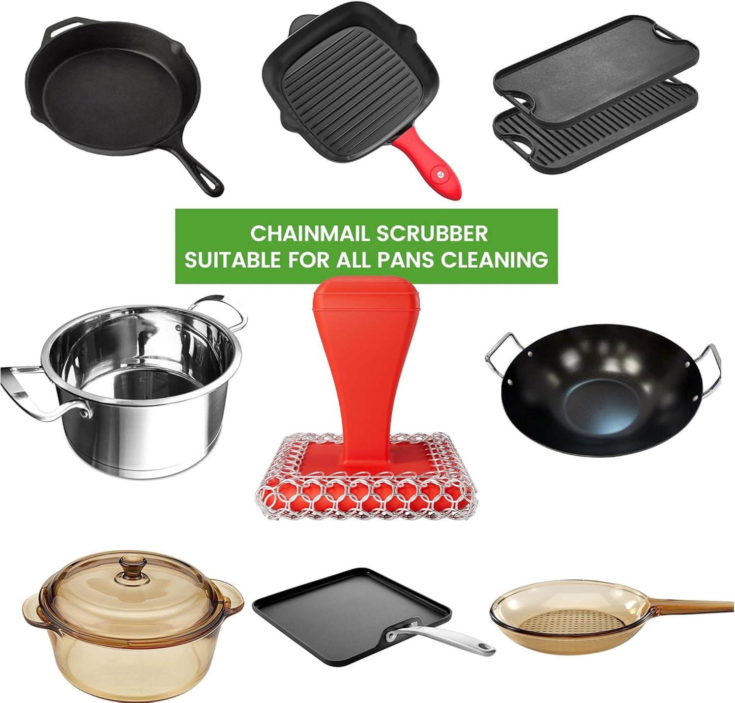 TOPULORS Cast Iron Scrubber Cleaner & 316L Stainless Steel Chainmail Scrubber with 2 Scrapers, Ergonomic Silicone Handle Brush for Pans Skillets Grills Dishes Cleaning - Non-Scratch Rust-Proof - Red