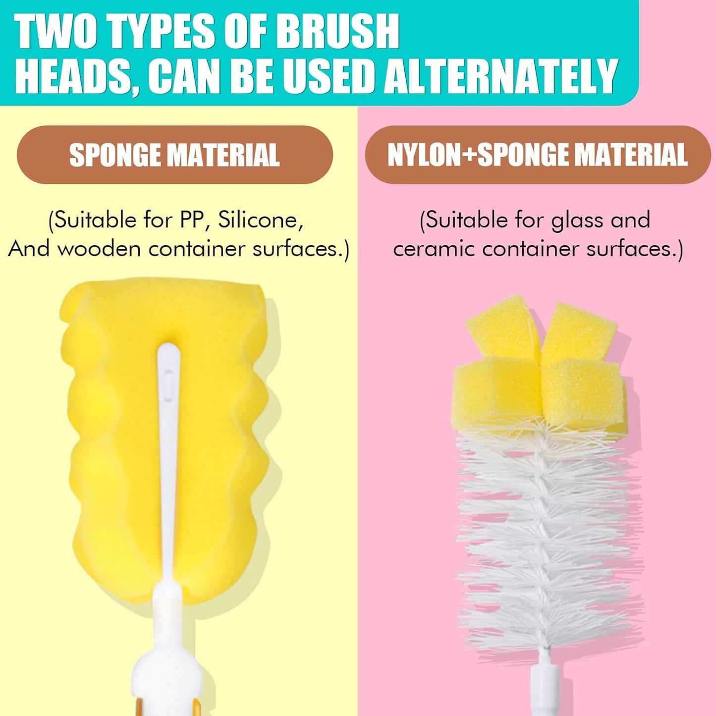 Baby Bottle Cleaning Brush 6-Piece Set Detachable Sponge Bottle Brush, Nylon Milk Bottle Brush, 2PCS Nipple Brush, 2PCS Straw Brush (Pink)