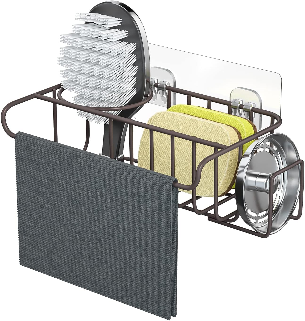 HapiRm 4 in 1 Kitchen Organizers and Storage, SUS304 Stainless Steel Brush Holder + Dish Cloth Hanger + Soap Rack + Sink Stopper Rack, No Drill Kitchen Essentials - Black