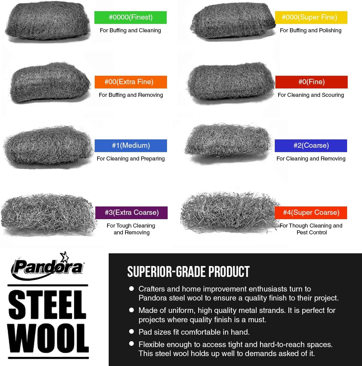 Pandora Steel Wool #2 – Coarse Grade, 16 Pads for Cleaning and Removing - Quality Metal Strands - Ideal to Remove Floor Scuff Marks and Old Wax