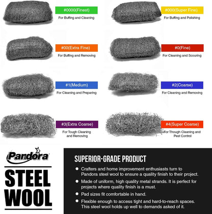 Pandora Steel Wool #2 – Coarse Grade, 16 Pads for Cleaning and Removing - Quality Metal Strands - Ideal to Remove Floor Scuff Marks and Old Wax
