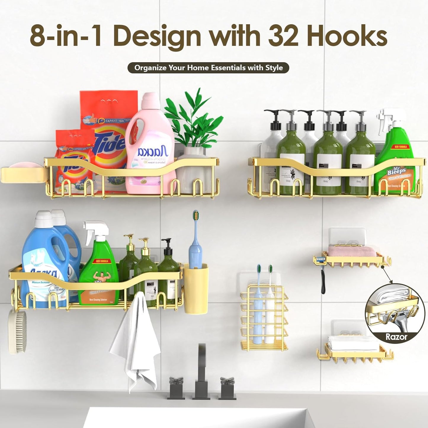 NESOMI Shower Caddy Adhesive Shower Organizer 7-Pack, Rustproof Stainless Steel Bathroom Shelves, Large Capacity No-Drill Rack Storage Accessories with Soap Dish Toothbrush Holder &24 Hooks Home Decor