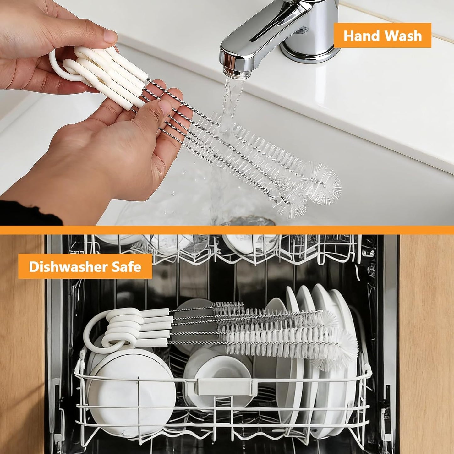 Straw Cleaner Brush Set, 5 Pcs Multi-Size Flexible Cleaning Brushes with Holder Ring, Long Pipe Cleaners for Reusable Straws, Water Bottles, Tumblers and Sippy Cups, White