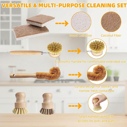 Natural Bamboo Dish Brush Set - 6 PCS Kitchen Cleaning Brush Kit with 4 Utensil Brushes and 2 Coconut Fiber Dish Sponges, for Cleaning Pots, Pans, Dishes, Bottles, Vegetables, and Fruits