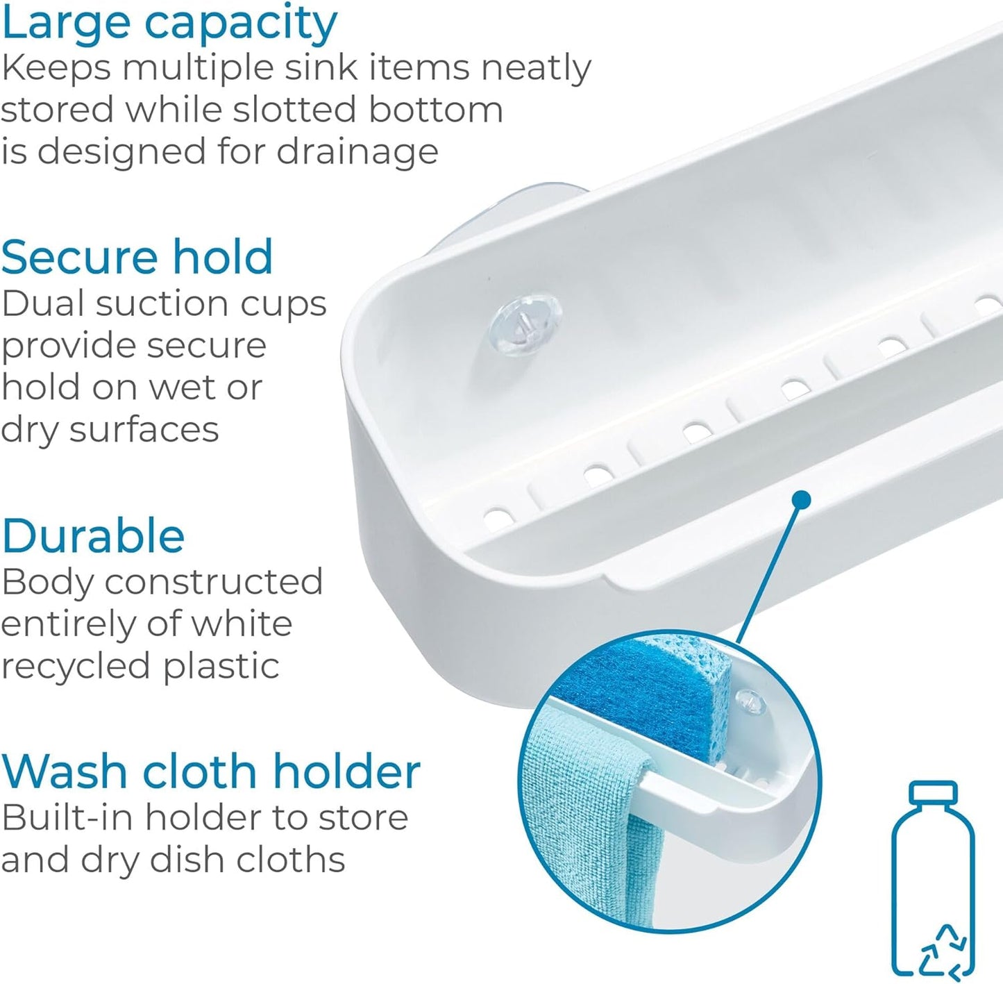 iDesign Recycled Plastic Double Suction Sink Caddy, White