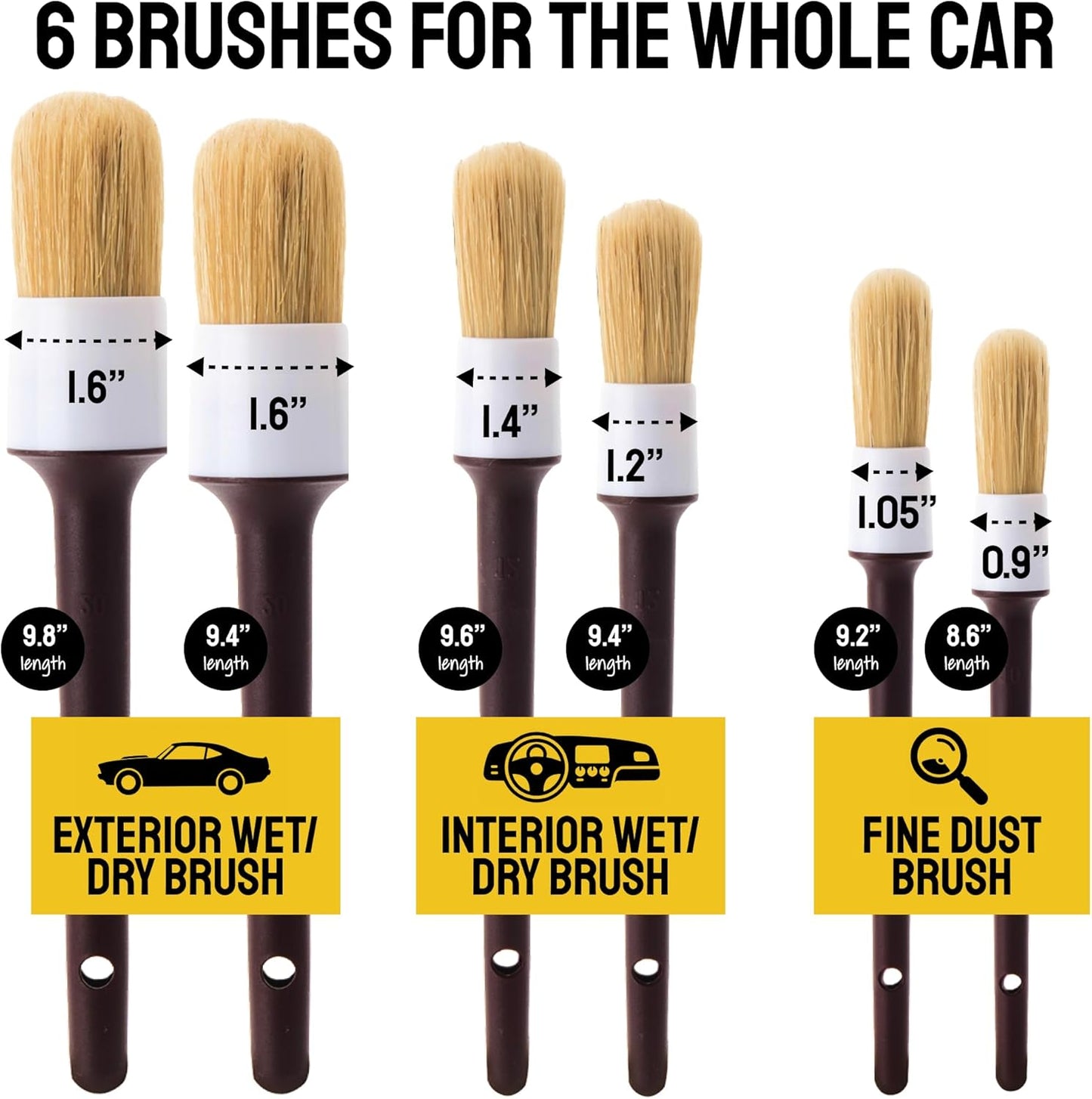 Detail Dudes Car Detailing Brush Set 3-pc - Scratch-Free Boars Hair for Interior and Exterior Work - Pro Quality Car Cleaning Brush Kit for Leather Seats, Dashboards, Wheels, Grills and Paint