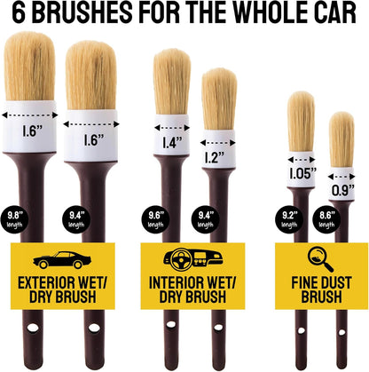 Detail Dudes Car Detailing Brush Set 3-pc - Scratch-Free Boars Hair for Interior and Exterior Work - Pro Quality Car Cleaning Brush Kit for Leather Seats, Dashboards, Wheels, Grills and Paint