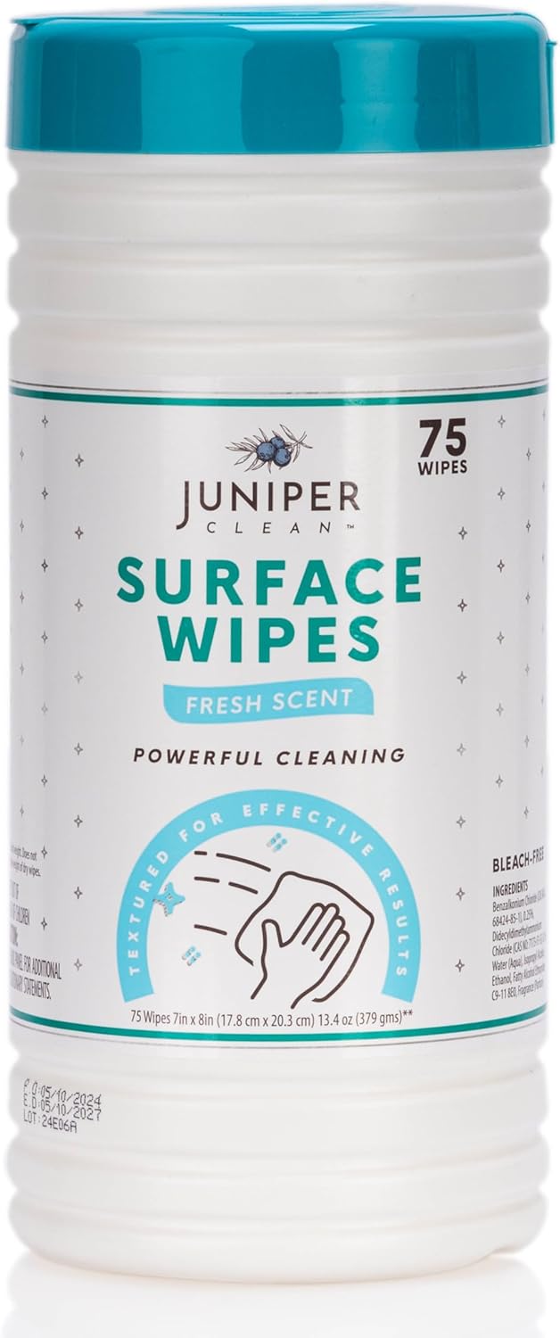 Juniper CLEAN 24 Pack Surface Cleaning Wipes Bleach Free, All-Purpose Cleaner for Bathroom, Kitchen, Office, 1728 Count Soft Flow, Fresh Scent, Bleach Free, Lint Free, Durable