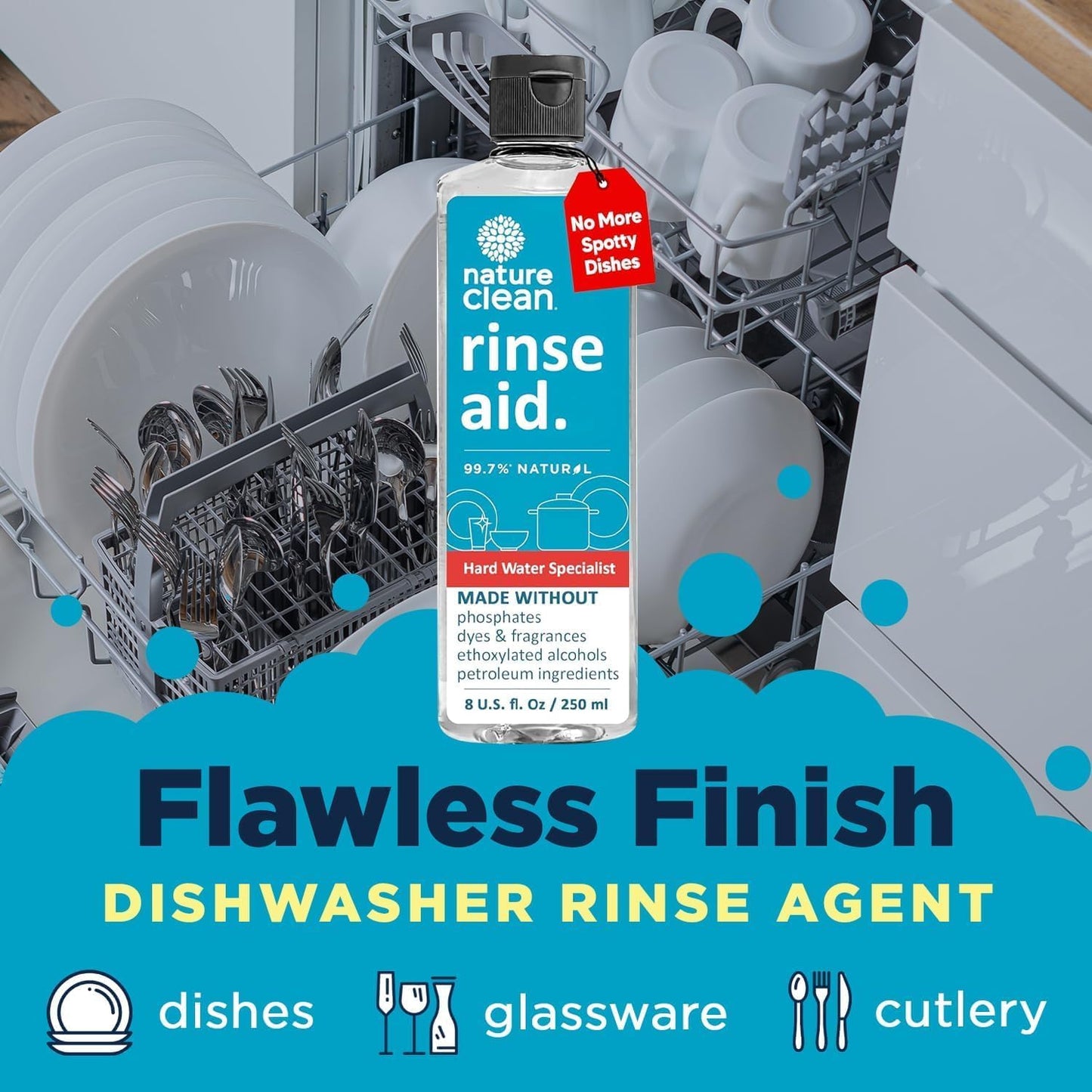 Nature Clean All Natural Dishwasher Rinse Aid Cleaner, Liquid Dishwasher Rinse Agent Spot-Free Glass & Cutlery in Hard Water, Non-Toxic Dish Washer Drying Agent & Stain Remover, 8 oz/250ml, Pack of 1