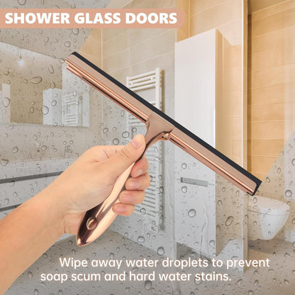 9.6 Inches All-Purpose Silicone Squeegee for Shower Doors with Adhesive Hook. Window Shower Cleaner Tool Suitable for Shower Glass Doors, Bathroom, Window and Car Glass.Rose Gold