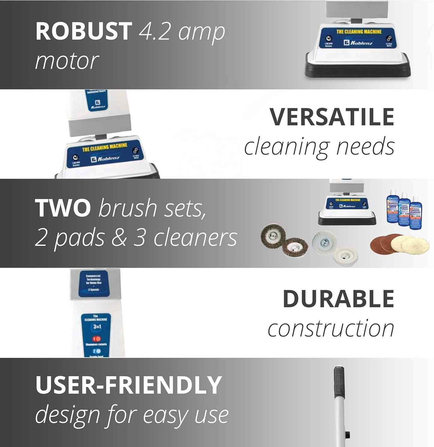 Koblenz Shampooer and Polisher Cleaning Machine, Floor Cleaner with 1100-rpm Motor, 5' Power Cord, 120-oz Tank, 2-Speed Settings, Scrubbing Brushes, Lambswool Pads, and Polishing Pads, P-820 B