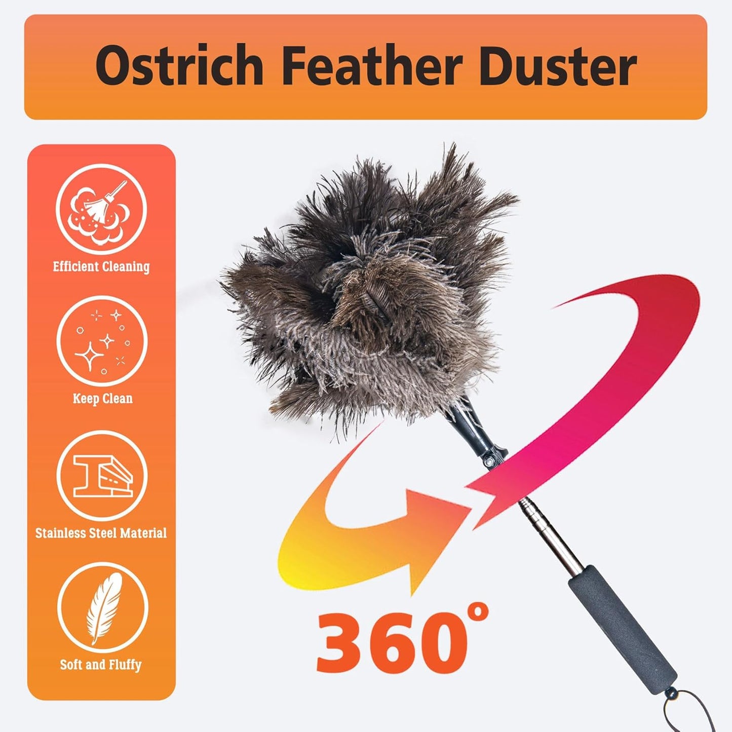 Extendable Ostrich Feather Duster, Natural Ostrich Feathers Long Handle Duster for Cleaning, 47” Soft & Fluffy Feather Duster for High Ceilings, Fans, Walls, Furniture, Home Dusting
