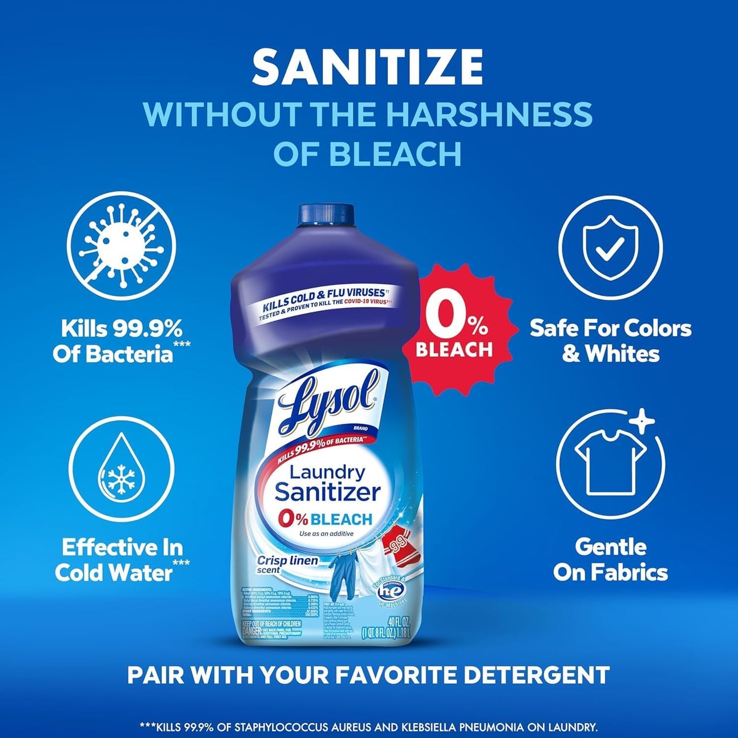Lysol Disinfectant Laundry Sanitizer & Scent Booster, Laundry Detergent Additive, Color Safe Bleach Alternative, Laundry Odor Eliminator, Kills Bacteria & Viruses, Lavender Scent, 90 Fl Oz