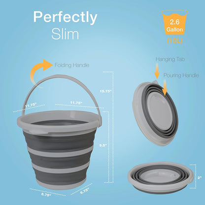 Brookstone Collapsible Bucket, Foldable Cleaning Bucket with Handle, Household Essentials Cleaning Basin and Dust Mop Bucket, Collapsible Wash Basin for Car Cleaning, [2.6 Gal. 10L] Square, Grey
