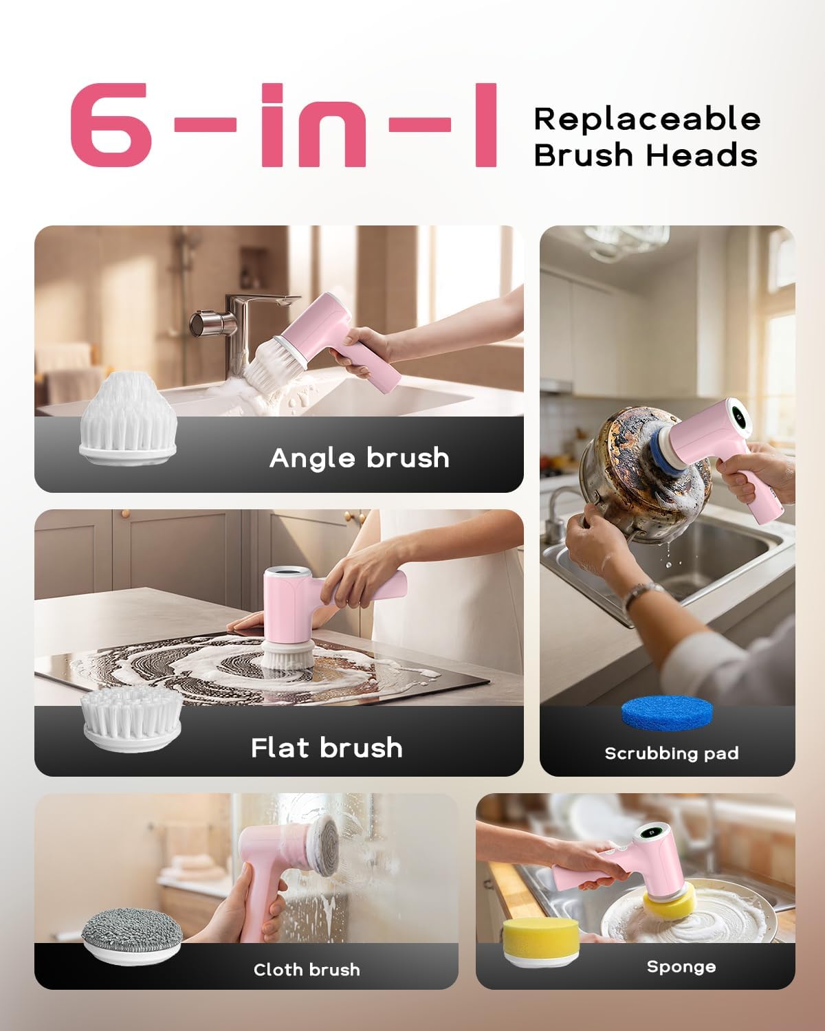 PUFTEM Upgraded Electric Spin Scrubber, Powerful Cordless Shower Scrubber with 4500mAh Large Battery & Speed Display, 6 Replaceable Brush Heads, Cleaning Brush for Bathroom Tile Tub Floor (White)