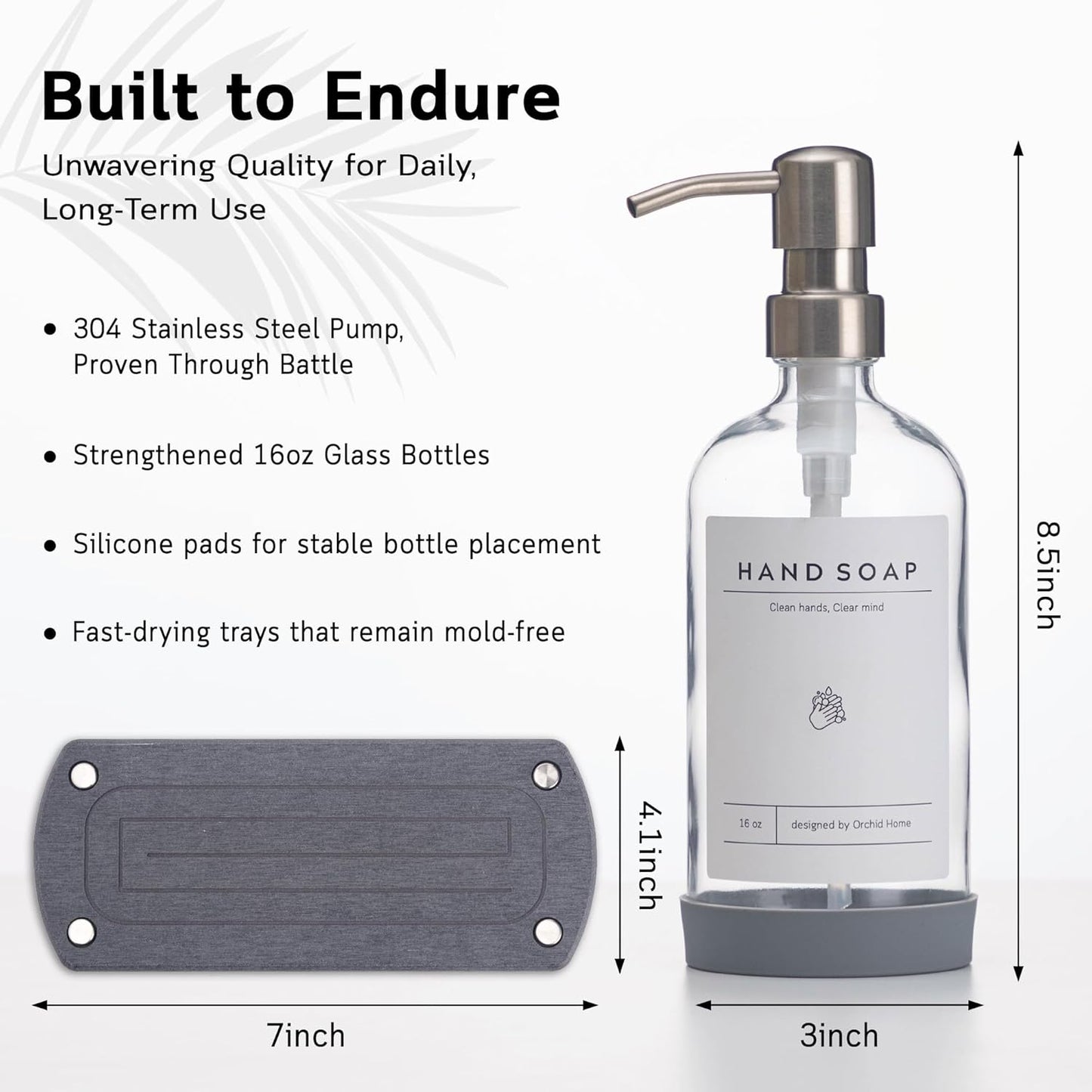 [Luxury] Kitchen Soap Dispenser Set - 16OZ Amber Glass Bottle, Stainless Steel Pump, Instant Dry Tray, Waterproof Labels, Non-Slip Silicone Pad, and Dish Brush | Upgrade for Your Kitchen and Bathroom