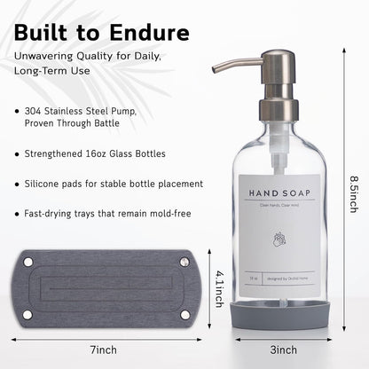 [Luxury] Kitchen Soap Dispenser Set - 16OZ Amber Glass Bottle, Stainless Steel Pump, Instant Dry Tray, Waterproof Labels, Non-Slip Silicone Pad, and Dish Brush | Upgrade for Your Kitchen and Bathroom