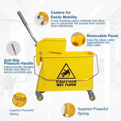 Midoneat Mop Bucket with Wringer, 22 Qt (5.5 Gallon), Handle, Wheels,Floor Cleaning, 16.5" L x 10.6" W x 26.4" H, Yellow,Add One Cotton Mop