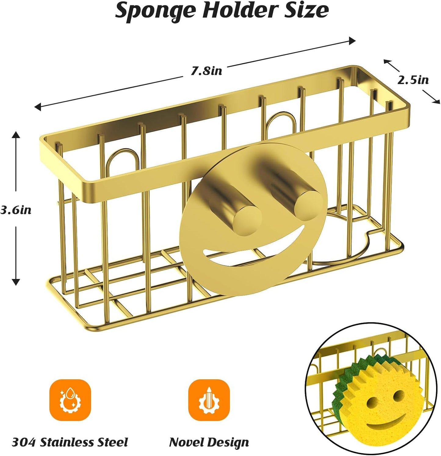 MURLONG Sponge Holder Smiley Face, Sink Caddy for kitchen Sink, Kitchen Organizer Sponge Holder with 2 PCS Suction Cups/1 PCS Adhesive Strips, Designed for Sponge, Soap, Dish brush, Scrubber-Black