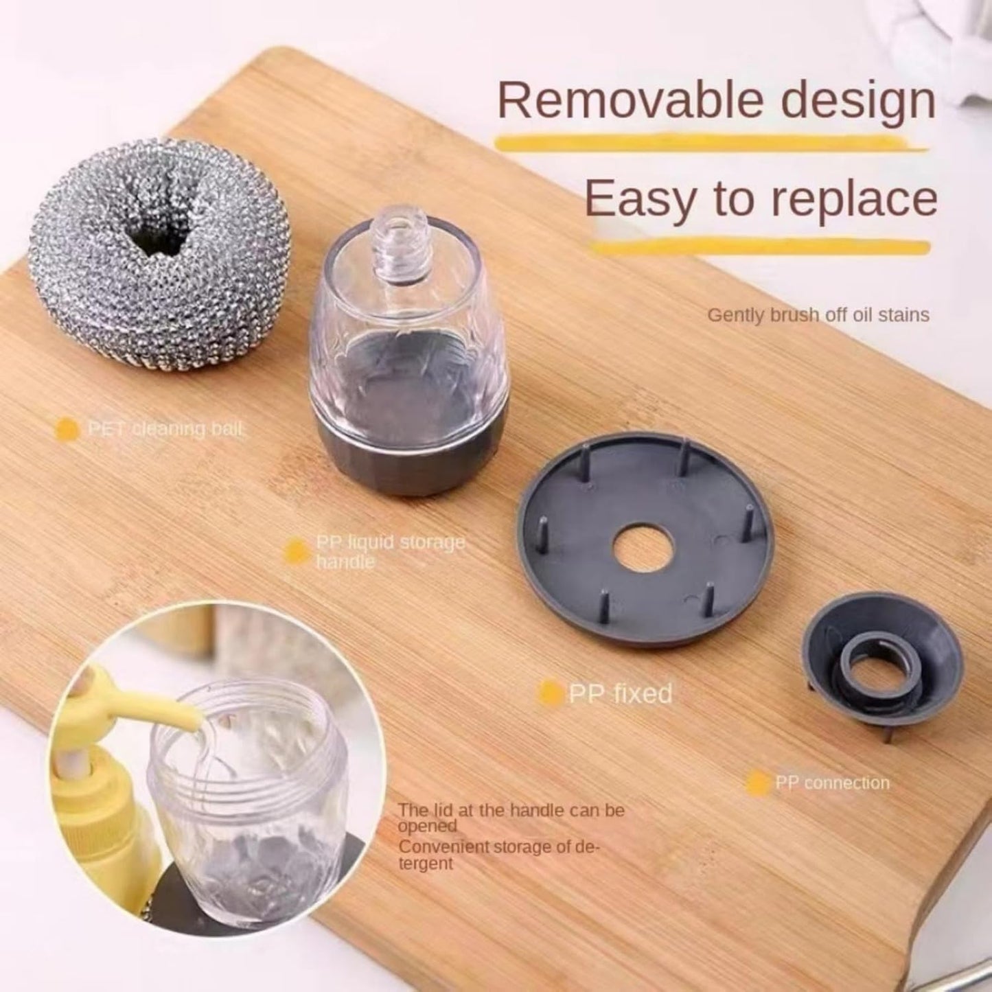 Soap Dispensing Dish Brush Cleaning Steel Wool Scrubber for Dishes Pans Kitchen Sink Bathtub Tile and Household