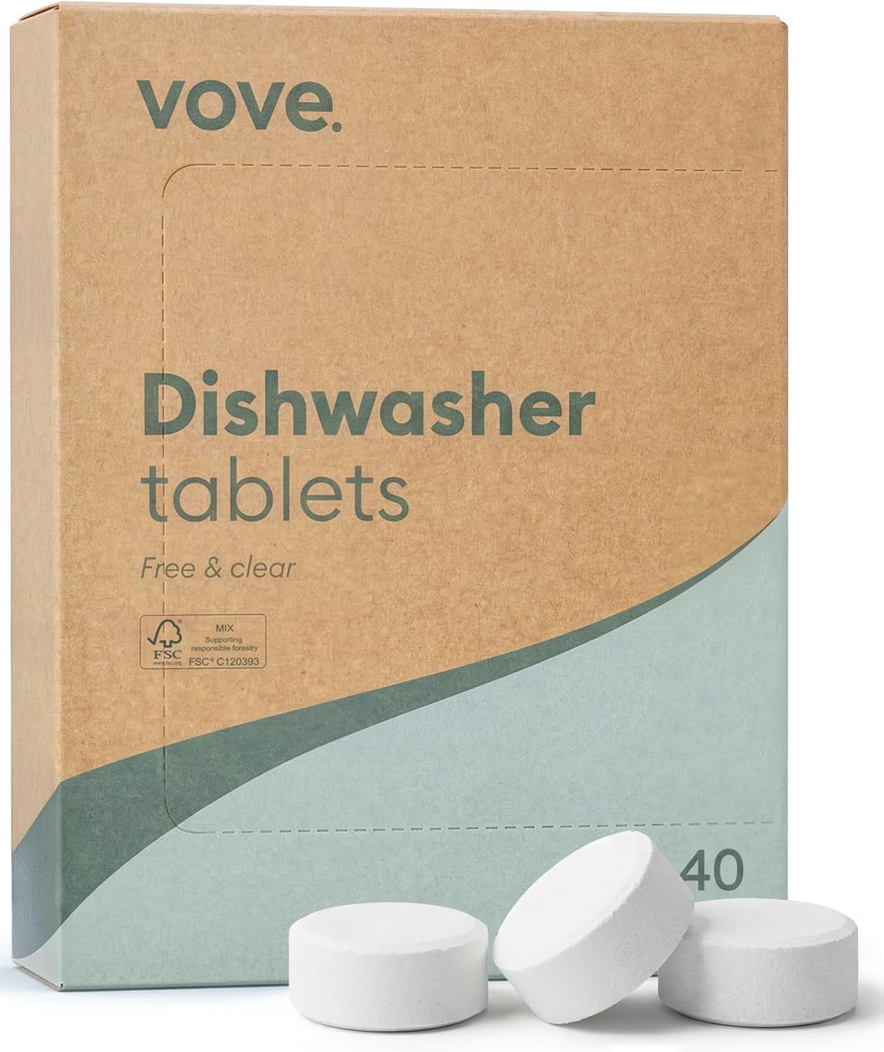 Vove Dishwasher Detergent Tablets, 40 Count - Plastic-Free, No PVA, No Microplastics - 2x Enzyme Power for Sparkling Dishes - Plant-Based, Fragrance-Free, Septic Safe, FSC-Certified Kraft Packaging