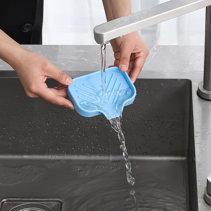 MicoYang Silicone Bathroom Soap Dishes with Drain Spout-Bathroom and Kitchen Sink Organizer,Sponge Holder,Dish Soap Tray,Perfect for Dispenser,Scrubber,Bottle,Cup on Sink or Counter-Black 4.9"×3.2"