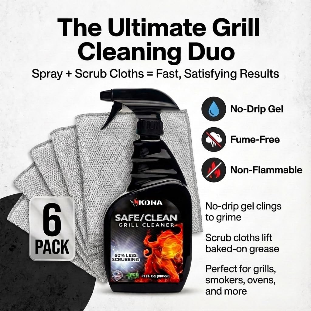 Kona Safe/Clean Air Fryer Cleaner and Degreaser Kit for Ninja Woodfire Grill, Smoker and Oven - 23oz Fume-Free No-Drip Gel Spray with 6 Stainless Steel Scrub Cloths
