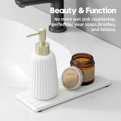 2PCS Water Absorbing Stone Drying Tray Mat for Bathroom Sink & Kitchen Counter Faucet Organizer, Quick Dry Dish Rack Soap Dispenser Sponge Holder, Vanity Sink Caddy Bar Coaster, Ivory White 8“x 4”