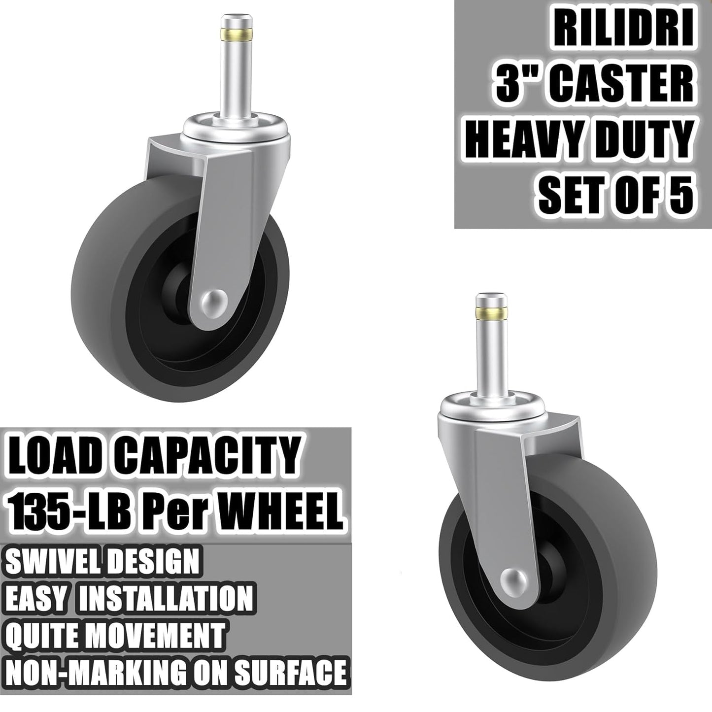 RILIDRI 3-Inch Swivel Stem Caster for Rubbermaid Mop Bucket Utility Cart, 7/16-Inch Stem Diameter Rubber Wheel Set of 4, Heavy Duty TPR Weber Grills Shop Vac Replacement Wheels