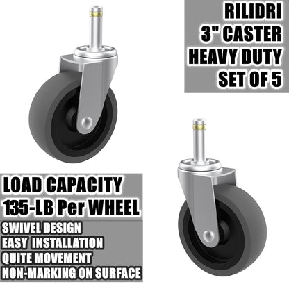 RILIDRI 3-Inch Swivel Stem Caster for Rubbermaid Mop Bucket Utility Cart, 7/16-Inch Stem Diameter Rubber Wheel Set of 4, Heavy Duty TPR Weber Grills Shop Vac Replacement Wheels