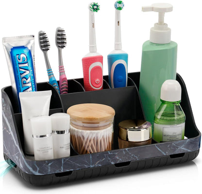 GFWARE Wood Toothbrush Holders for Bathrooms Countertop Organizer - Detachable 7 Slots Kid Bathroom Decor and Accessories, Wooden Bathroom Sink Storage Organization, Caddy, Tray, Brown